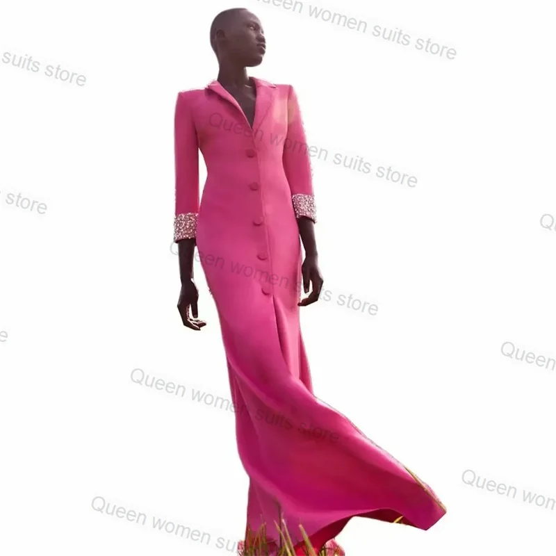 Pink Crystals Women Suit Skirt for Wedding 1 Piece Long Blazer Prom Dress Office Lady Cotton Jacket Coat Tuxedos Custom Made