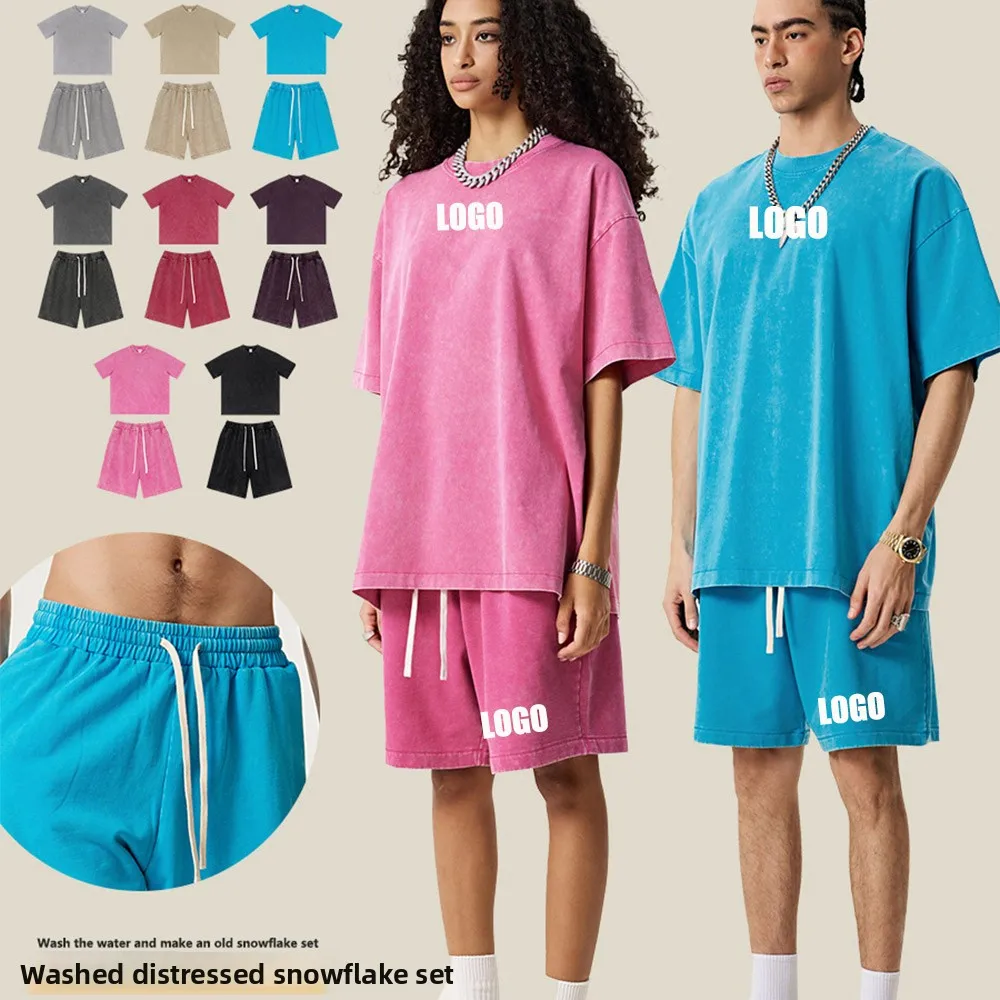 

Custom LOGO men's summer pure cotton 285G short-sleeved 330G shorts washed men's and women's couple shorts T-shirt two-piece set