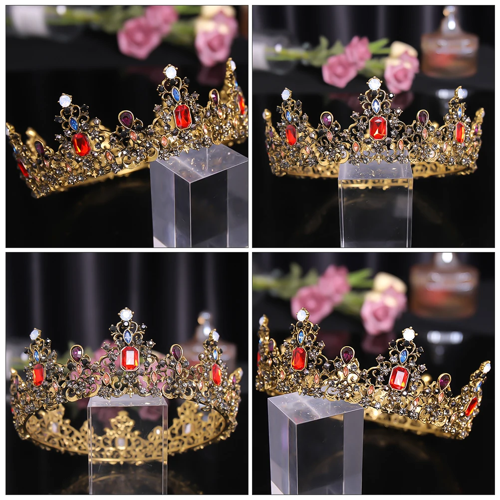 

Baroque Retro Tiara Bridal Crown Colorful Crystals Queen Wedding Decor Halloween Costume Elegant Temperament Accessories
