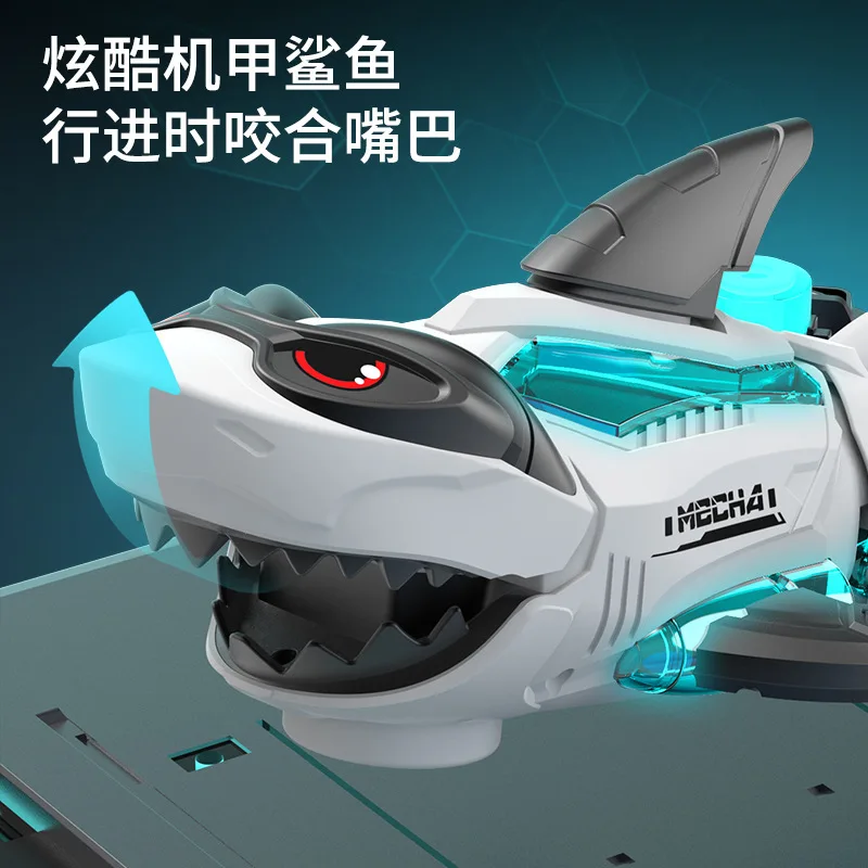 New electric toys universal walking mechanical shark luminous tape music spray simulation toys for boys and girls.