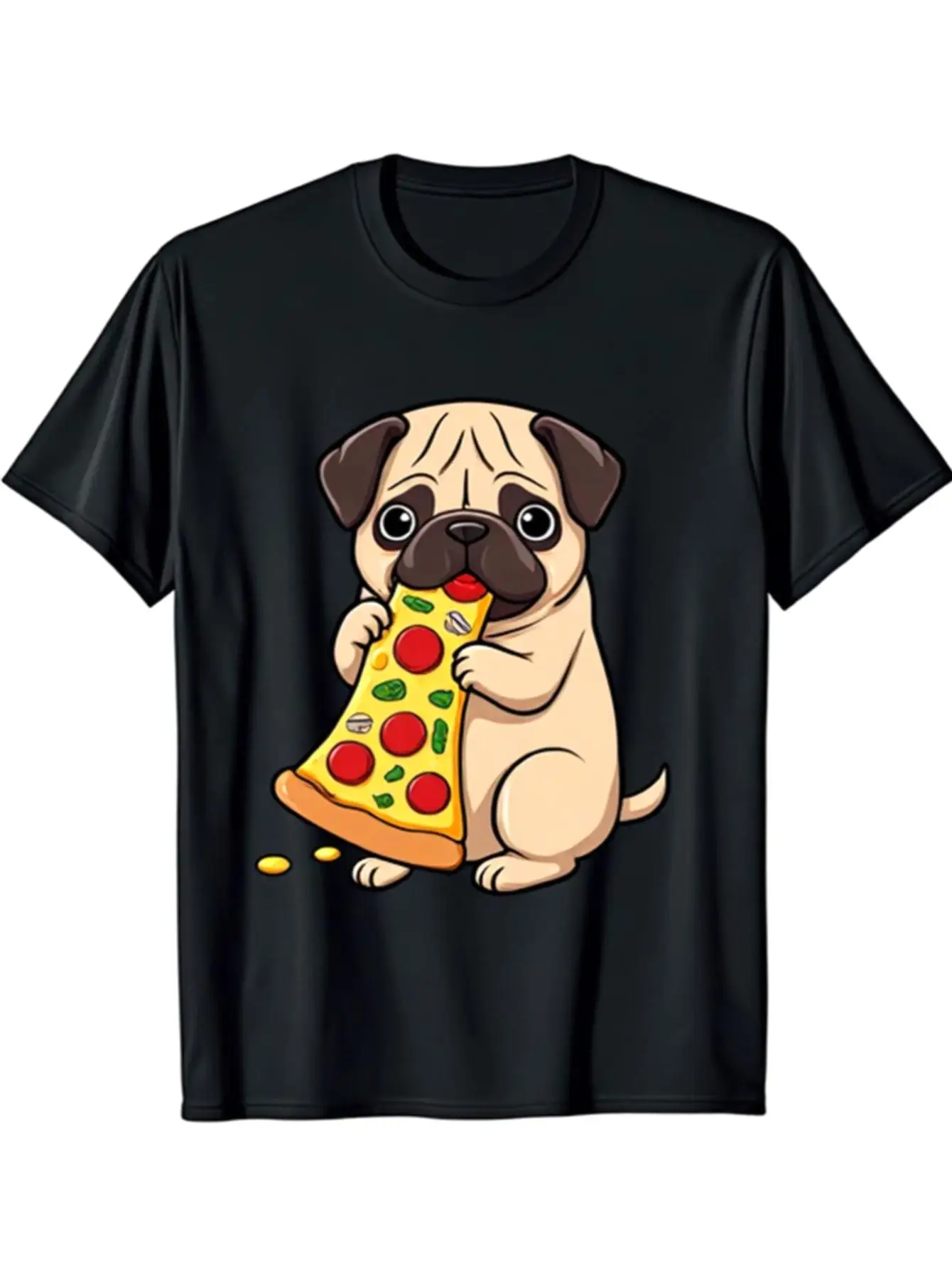 Short - sleeve T - shirt, Black, with Cute Pug Eating Pizza Print, Fun and Casual Style, Suitable for Daily Street Outings, Vers