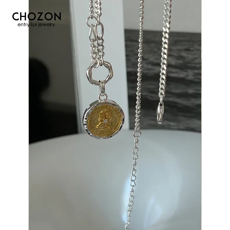 S925 Sterling Silver Necklace for Women Small Design Sense  Ancient Coin Queen Statue Pendant  Personalized Simple Collar Chain