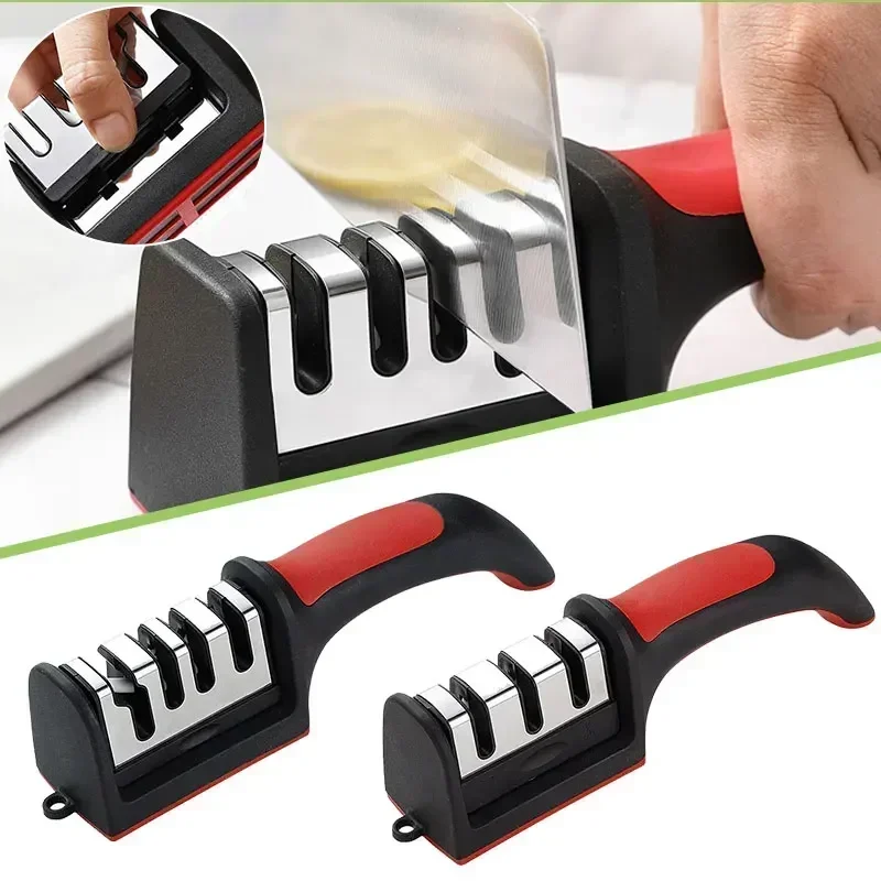 3/4 Segment Cutter Knife Sharpener Kitchen Handheld Three-purpose Sharpening Stone Tool with Non Slip Base Kitchen Knives Knifes