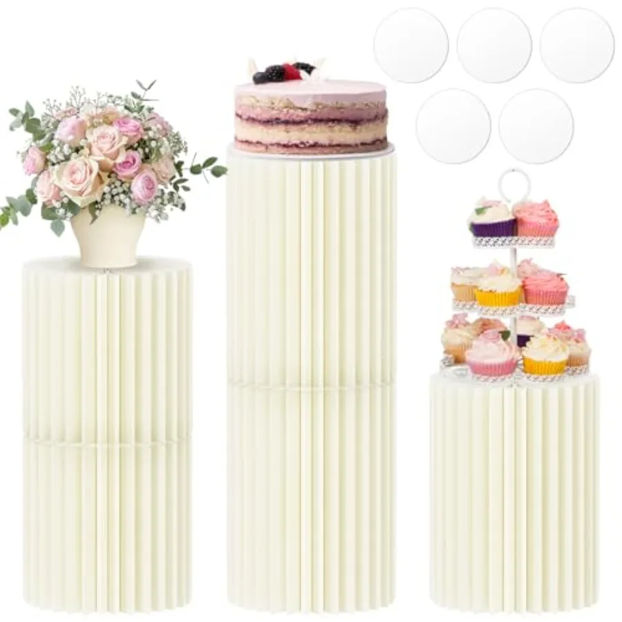 

Cylinder Stands for Party,5 Pcs Paper Cylinder Pedestal Stand with Acrylic Disc Foldable Round Pillars Pedestal Cake Stands for