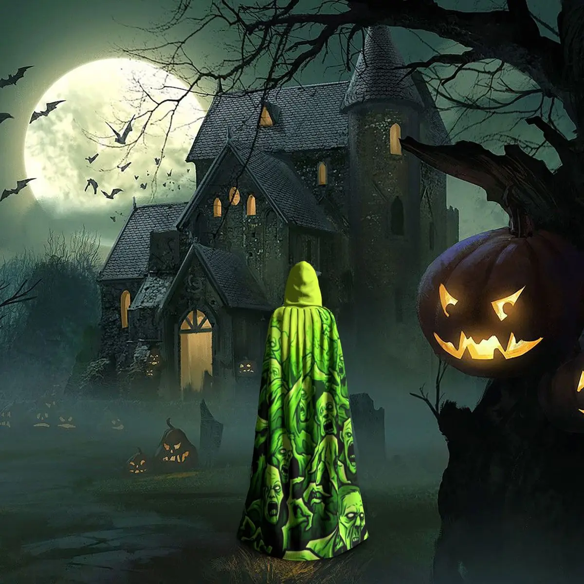 Призрачный череп с принтом, светящийся ужас, ночь, Хэллоуин, длинный плащ с капюшоном, ведьма, средневековый костюм, накидка для косплея, Хэллоуин, вампир для взрослых