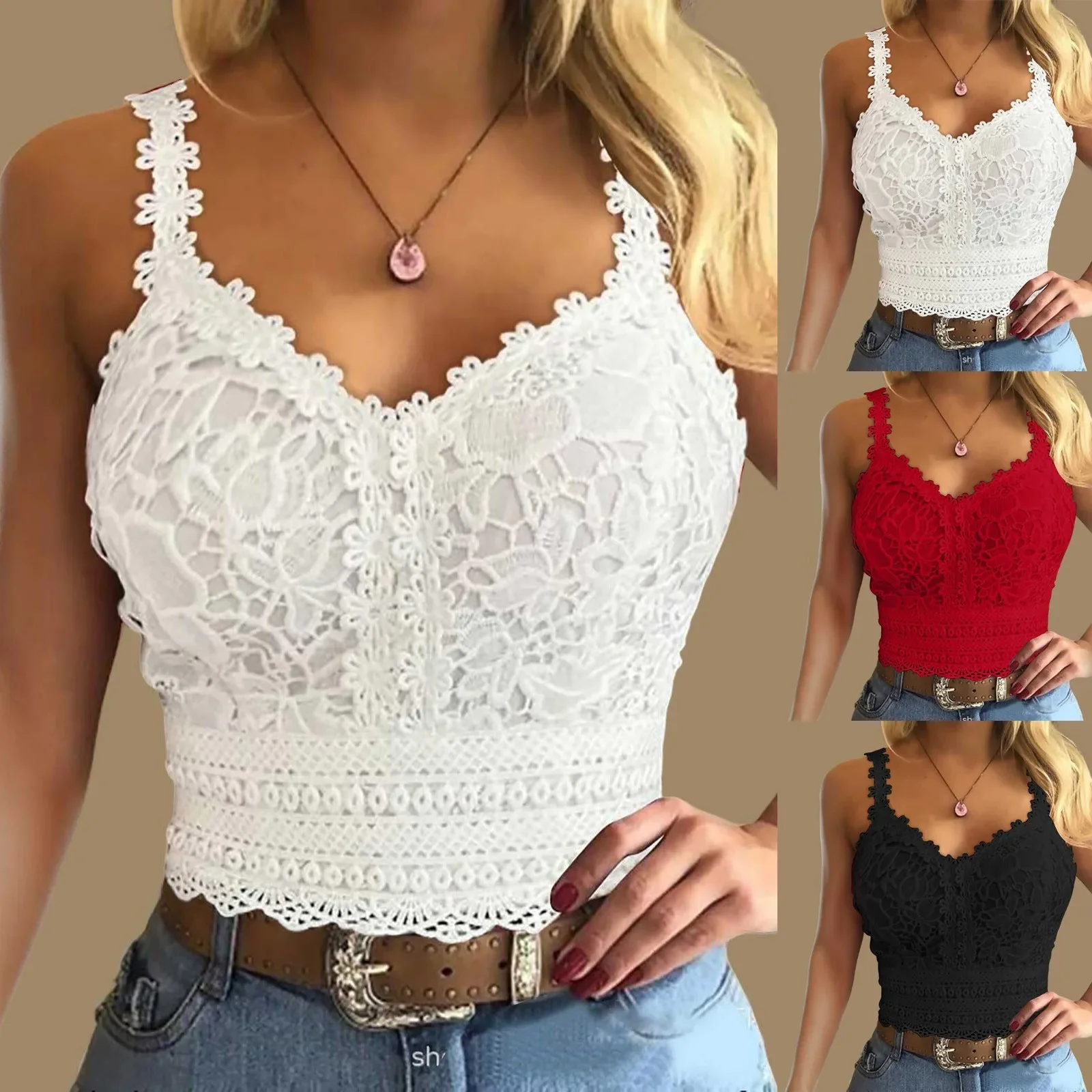 

Active Tops For Women Fashion Lace Strap Splice V Neck Tank Vest Shirt Crop Top Female Streetwear Y2k Cropped Basics Tees