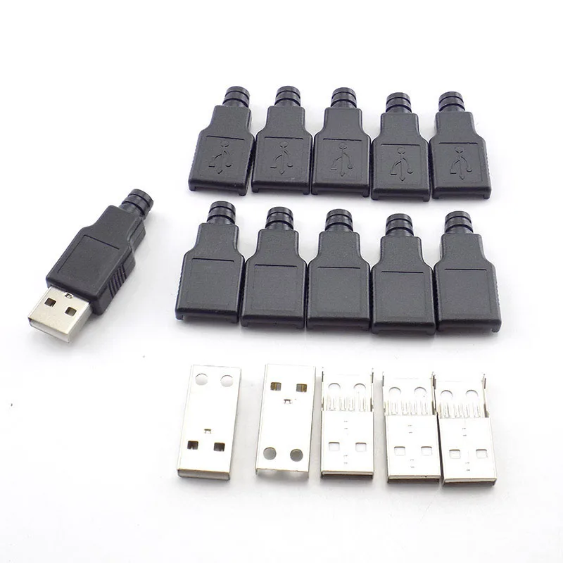 Macho USB 2.0 adaptador soquete, conector de solda com tampa plástica preta, DIY Plug, 4 pinos, tipo A, H10, 5 pcs, 10pcs