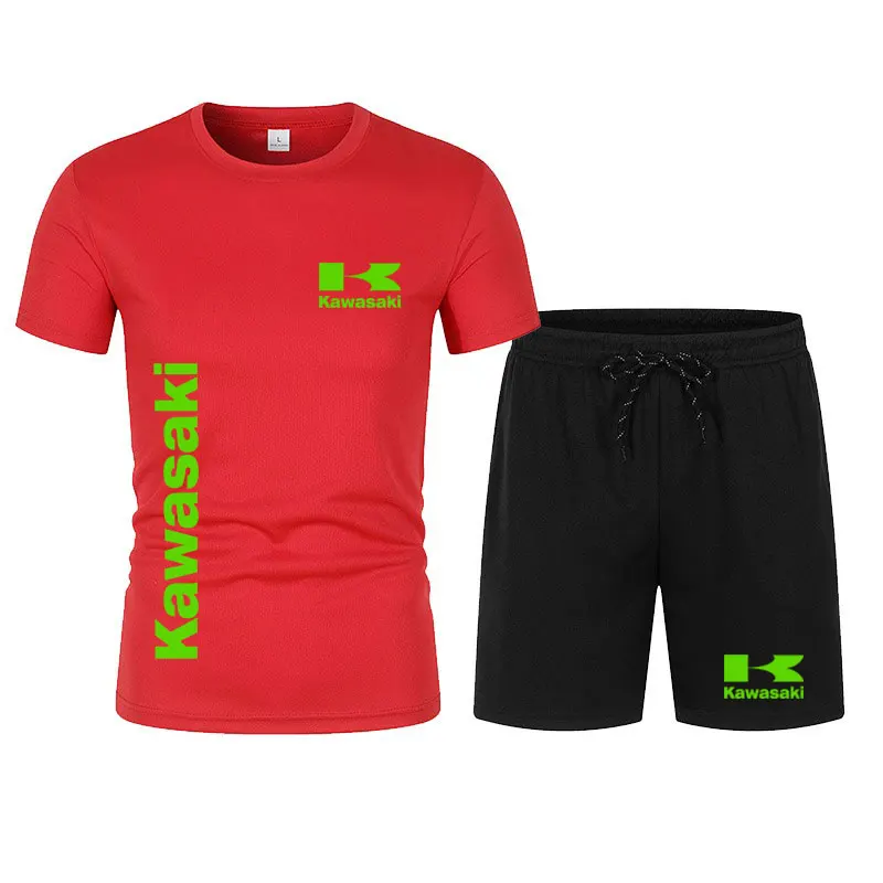 Kawasaki Motorcycle Racing Team Men T-shirt Shorts Set Summer 2024 New Casual Male Tops Bottoms Sets Sport Men\'s Clothes Suits