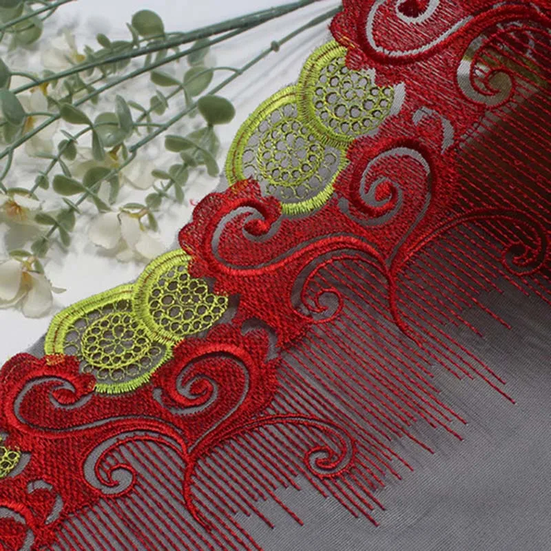 

28Yards Red Yellow Bicolor Flower Embroidered Lace Trim Soft Black Textile Lace Design Fabric for Women Dress