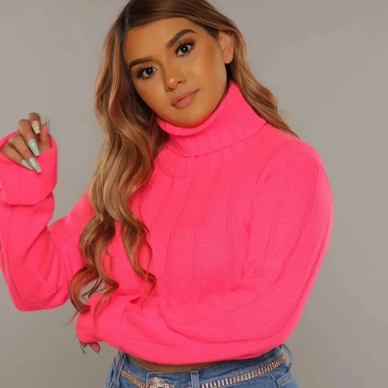 Neon Arancione Rosa Dolcevita Crop Maglione Donna 2023 Autunno Inverno Vestiti Rosa Rosso Pullover lavorato a maglia Maglione di colore solido Magliette e camicette