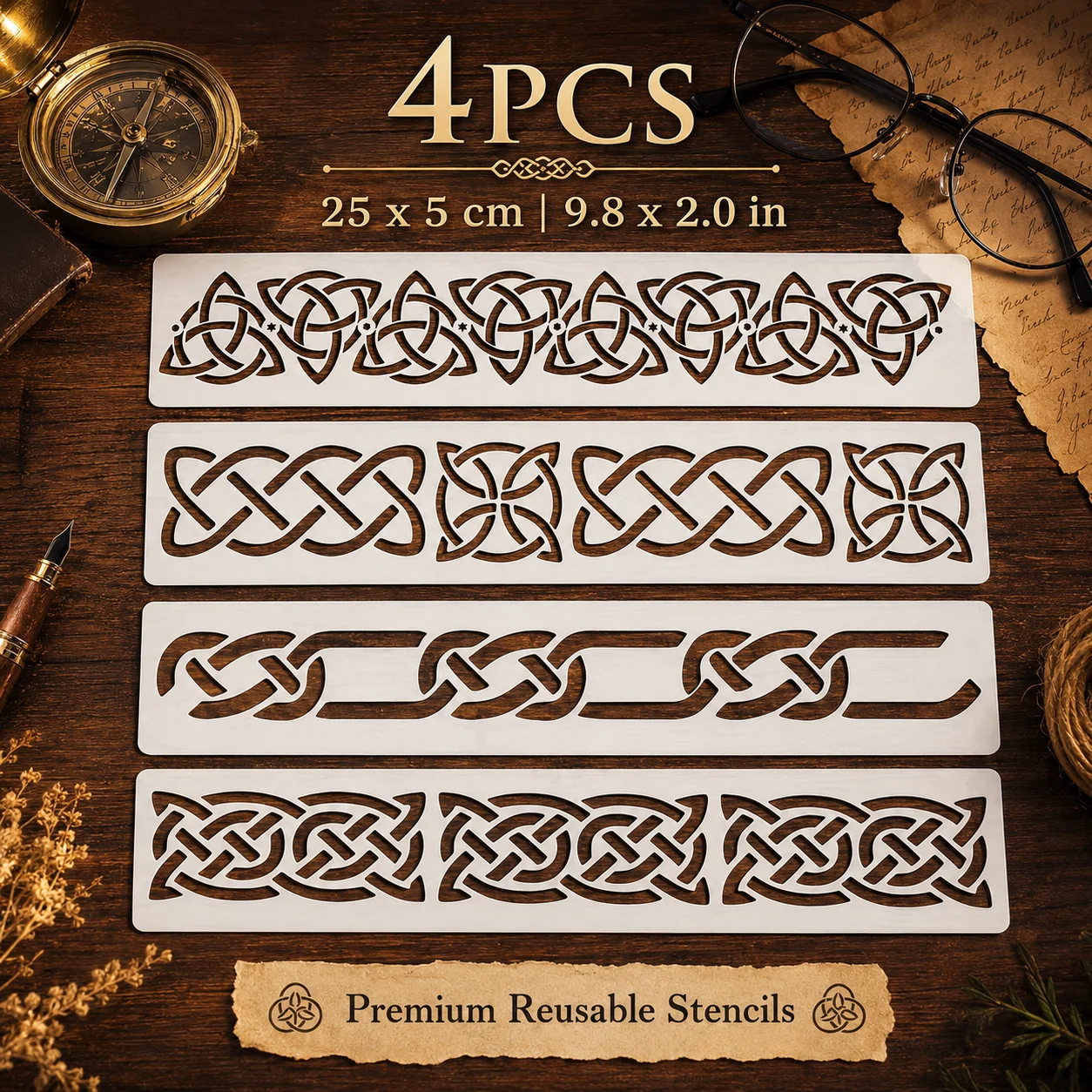 4PCS 9.8 X 2.0 in Celtic Knot Border Stencils Set for DIY Wood Tray Wall Furniture Fabric Painting Templates