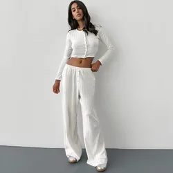 Apprabant Casual Knitted Basic Pants Set Round Neck Long Sleeve Signle Breasted Cardigan Open Navel Top Elasticity Trousers Suit