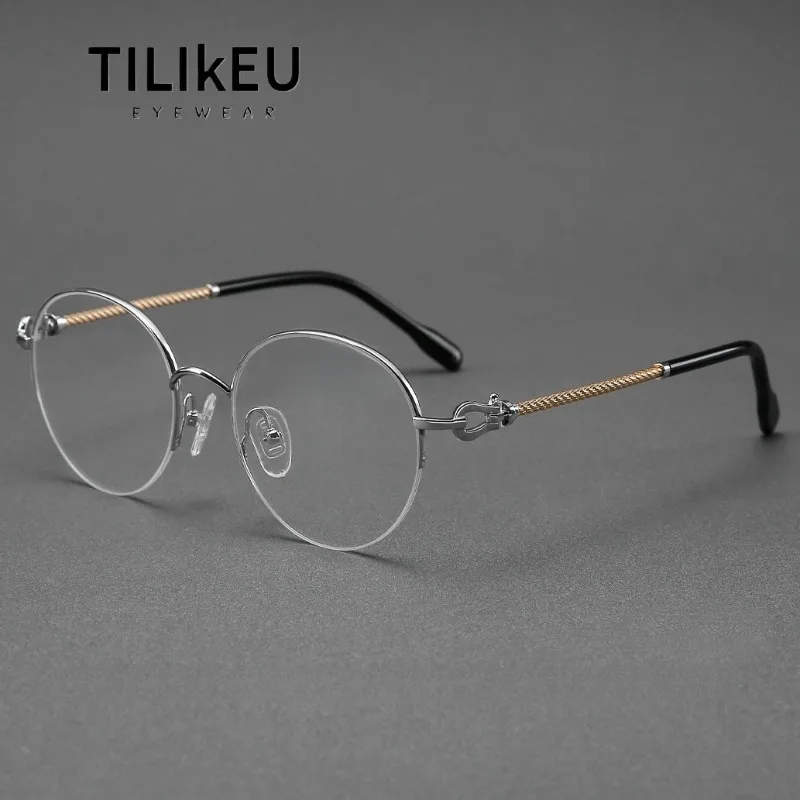 

New Personality Pure Titanium Semi-Rimless Glasses Frame Lightweight Retro Round Men Eyewear Women Prescription Eyeglasses Frame