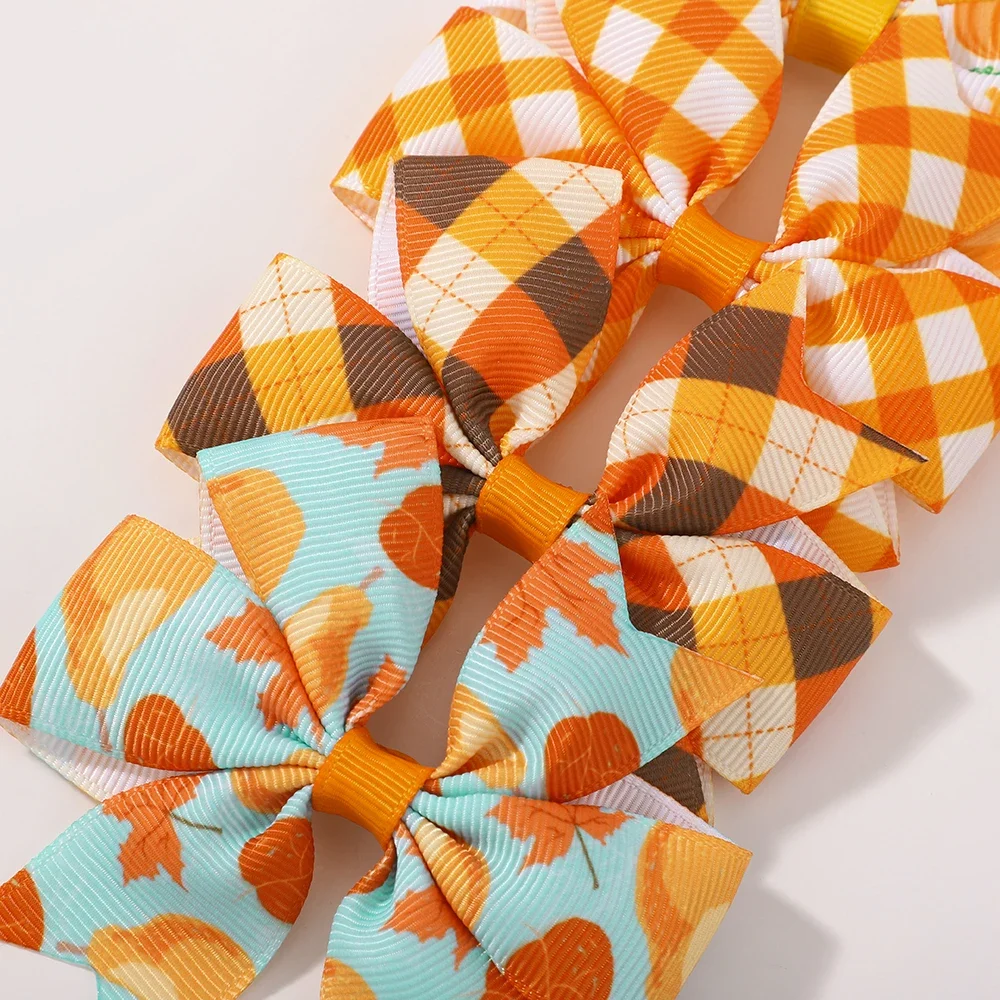 12/24 Buah Set Jepit Rambut Pita Hari Thanksgiving untuk Anak Perempuan Jepit Rambut Labu Daun Maple Pita Cetak Musim Gugur Aksesori Rambut