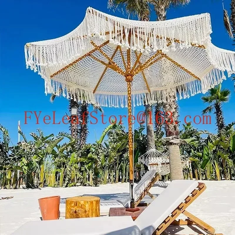 Wholesale Luxury Hand Woven Rope Sun Parasol Boho Wooden Pole Crochet Cotton Tassel Patio Beach Umbrella With Fringes