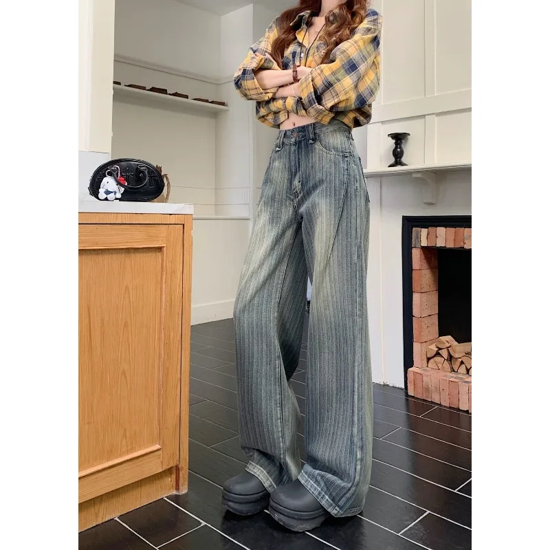 جينز فضفاض غير رسمي بنطال واسع الساق واسع الخصر مريح من قماش الدنيم المطاطي للنساء موضة الجينز النسائي