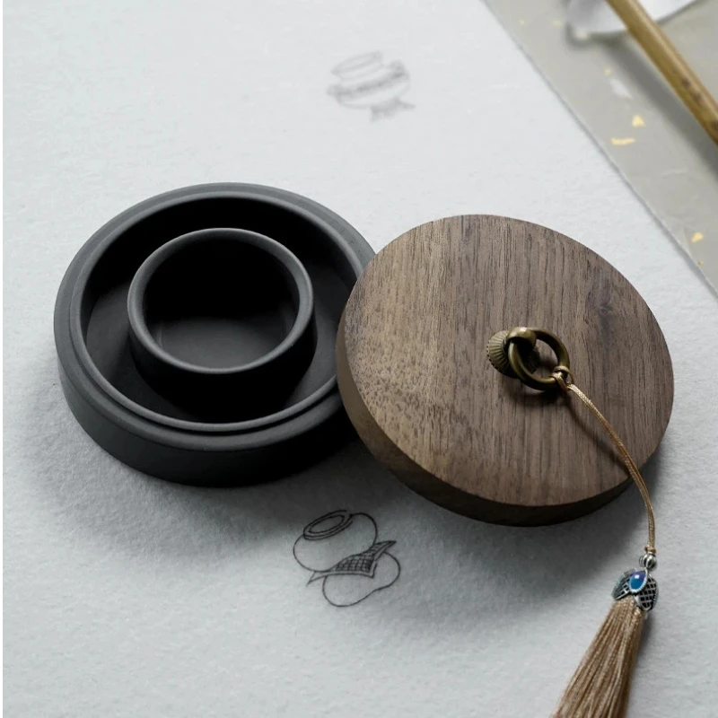 Hot Pot Style Inkstone Natural Raw Stone With Cover Chinese Calligraphy Grinding Ink Pot For Beginner Writing Painting Supply
