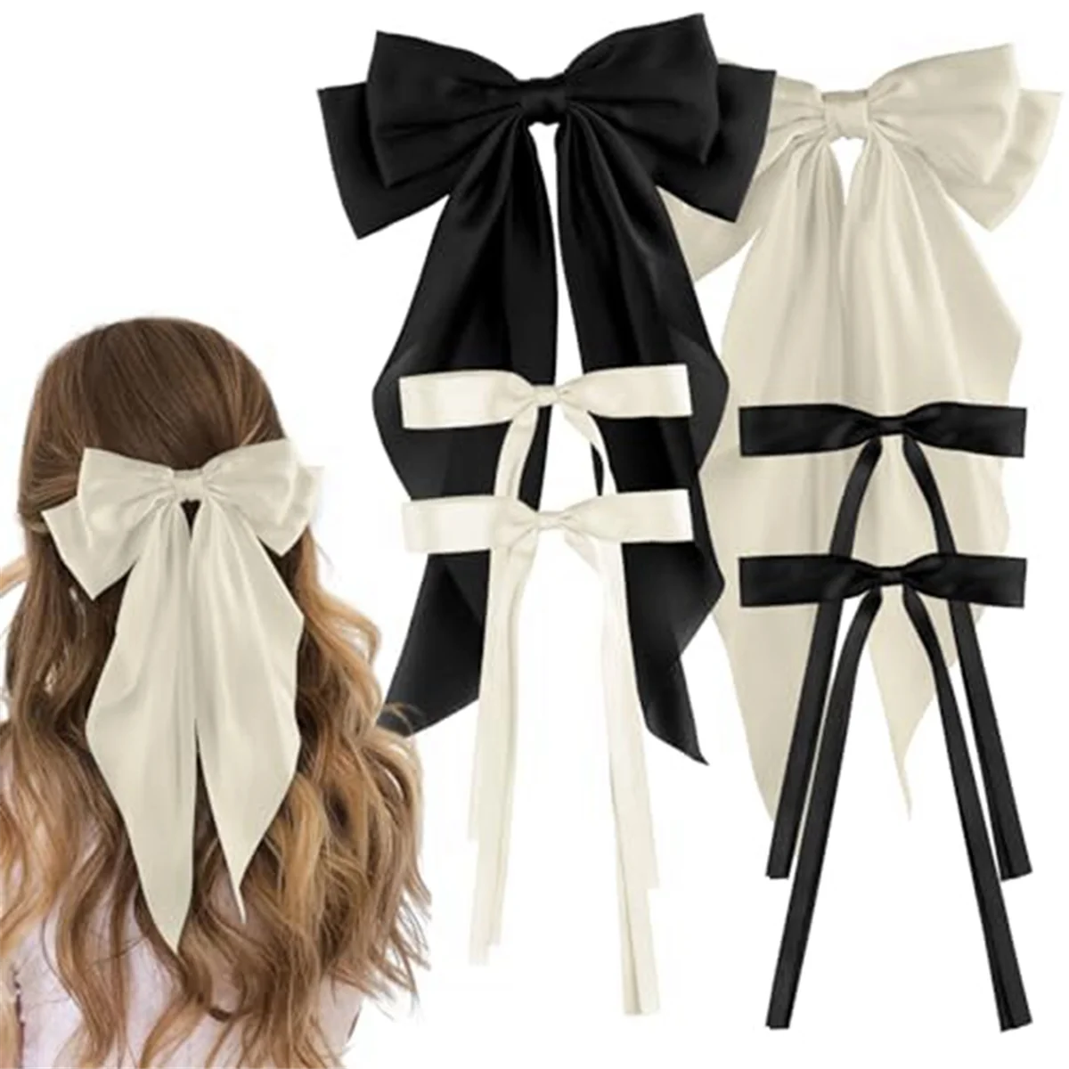 6 Pcs Hair Bows for Women, 4 Small + 2 Large Size Hair Ribbon with Long Tail Bowknot Hair Clips