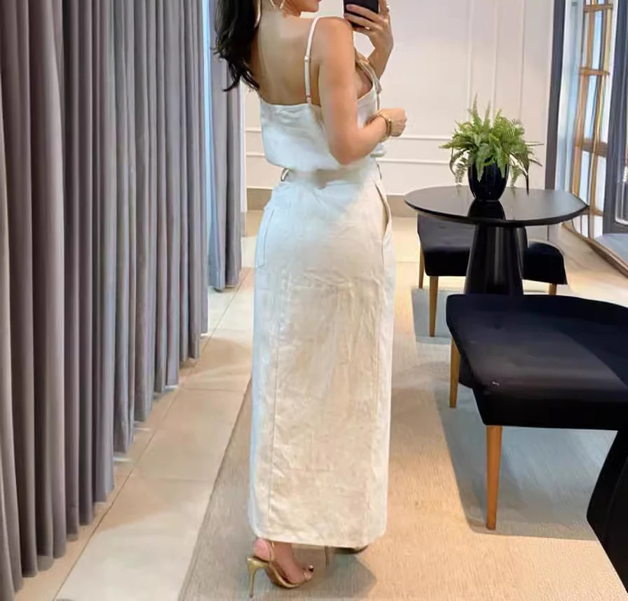 Elegant Skirt Women\'s Summer Sets 2024 Fashion Suspender Sleeveless Top and Pocket Y2k Longuette Suits for Female Streetwear