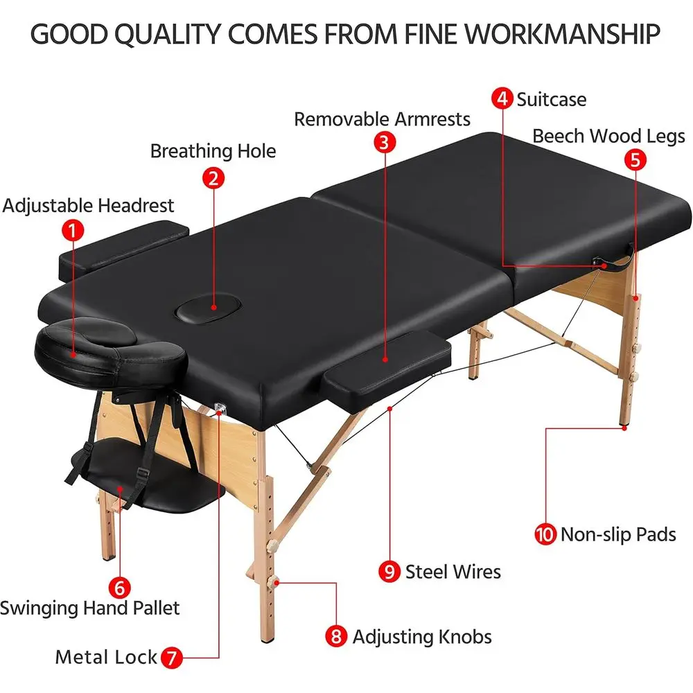 84x28in Portable Massage Table olding Adjustable Lash Bed, Black | chwood legs, roomy 28in oam top give sturdy, comy support; he