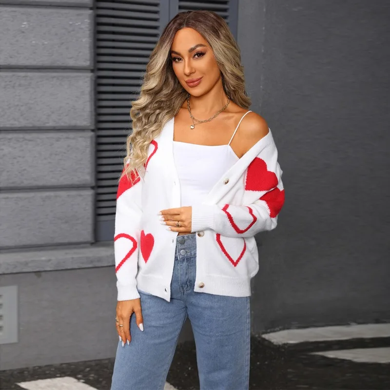 

Модный свитер с принтом, вязаное сердце, большой размер, женский кардиган на пуговицах, куртка