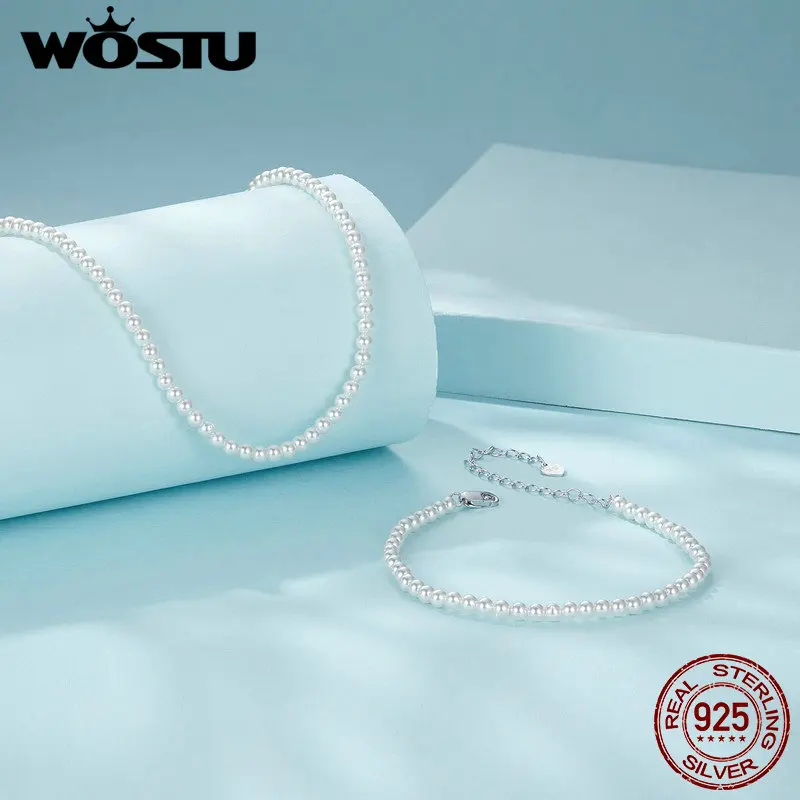 WOSTU 925 Sterling Silver Australian South Sea Pearl Necklace Bracelet Set Plated White Gold For Women Party Gift Fine Jewelry