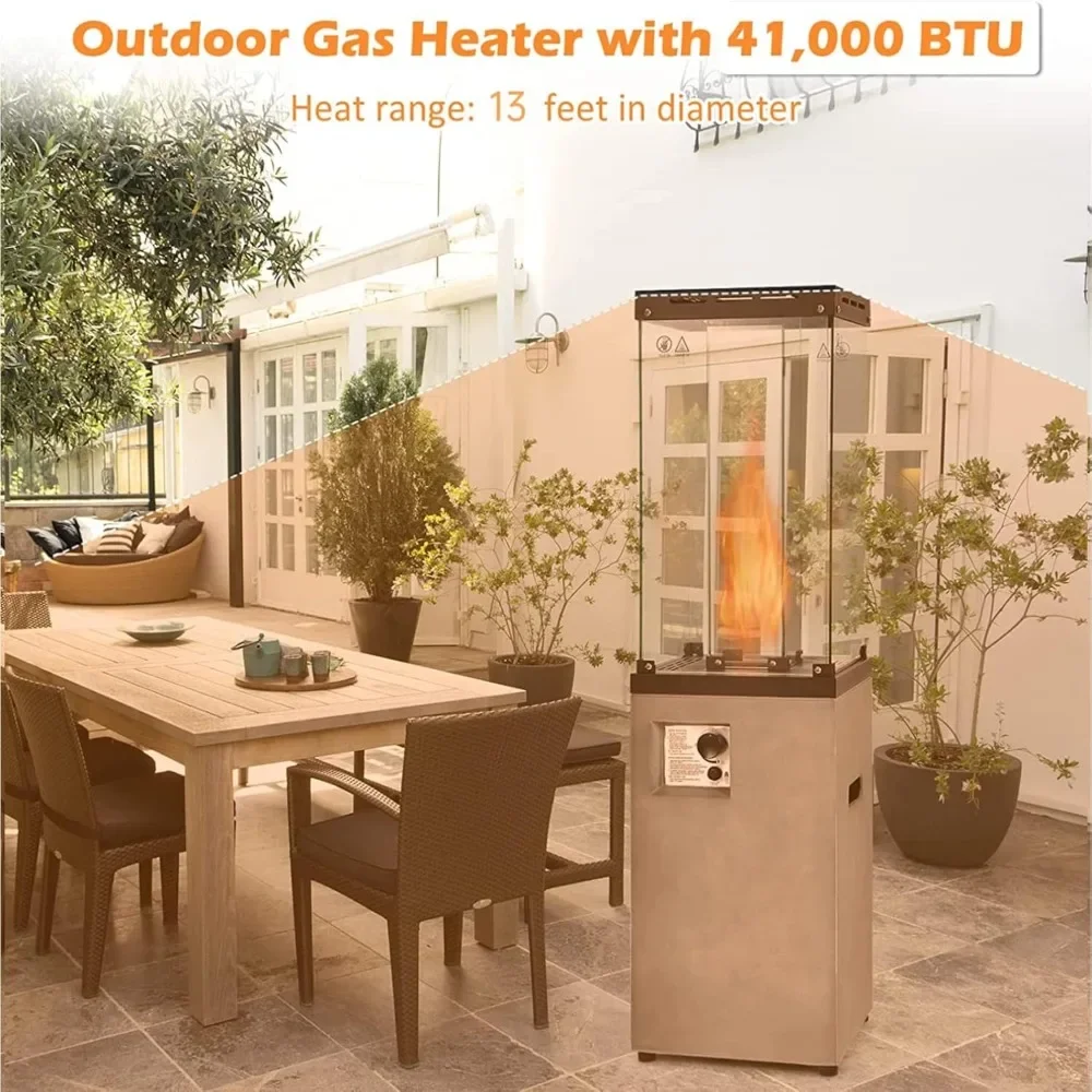 41,000 BTU Propane Patio Heater with Waterproof Cover, Outdoor Heater with Lockable Wheels, Adjustable Feet, Tempered Glass