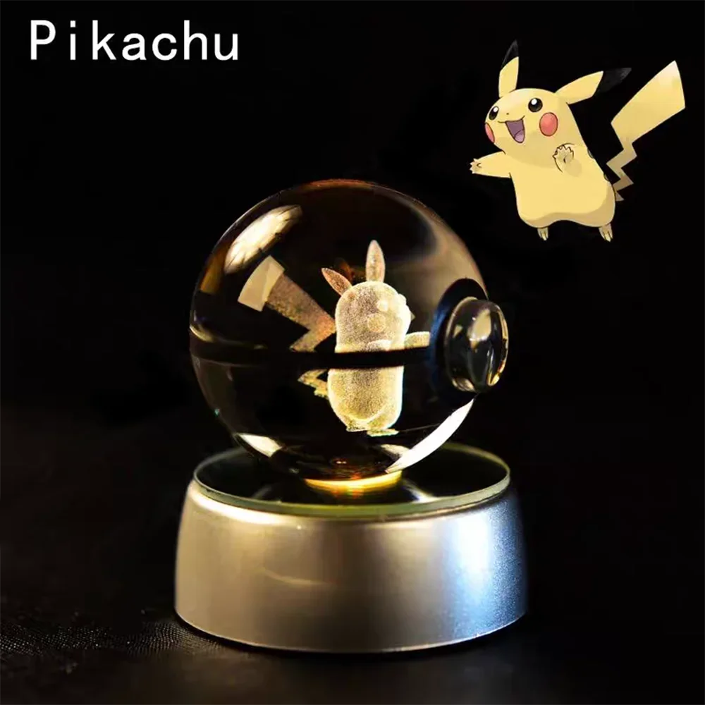 3D Pokemon Crystal Ball Pikachu Mewtwo Figure Children Toy Pokeball Crystal Pokemon Glass Ball Lamp LED Night Light Base Gift