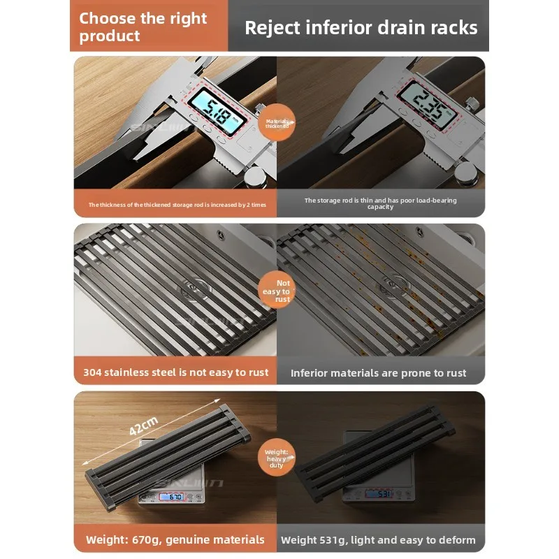 304 stainless steel kitchen sink drain rack dishwasher foldable silicone roller shutter pad rack storage basket
