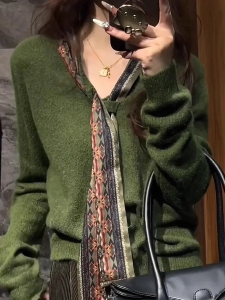 Suéter de punto Retro para mujer Faion Otoño Invierno adelgazante Ele de gama alta largo Sve Top V-ne corte suelto exclusivo en línea