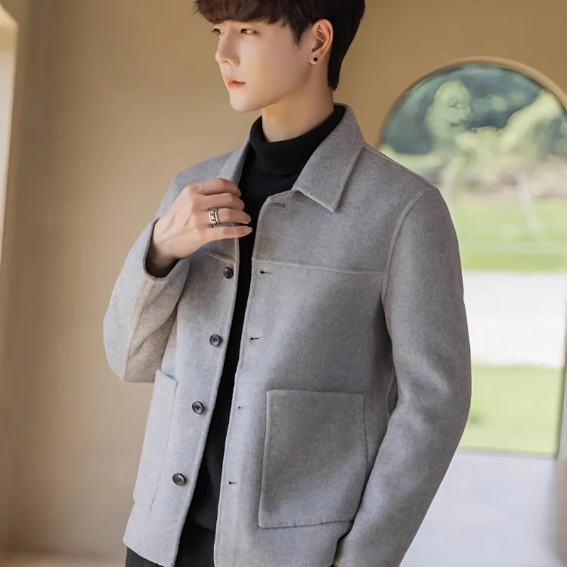 

Двустороннее шерстяное пальто для мужчин, короткое пальто, мужская корейская модная кашемировая шерстяная куртка, мужская одежда, весенне-осеннее шерстяное пальто, мужское