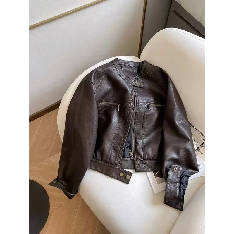 

Vintage Pu Leather Crop Jacket for Women Y2K Autumn Streetwear Loose Stand Collar Motorcycle Coats Bf Korean Chic Zipper Outwear