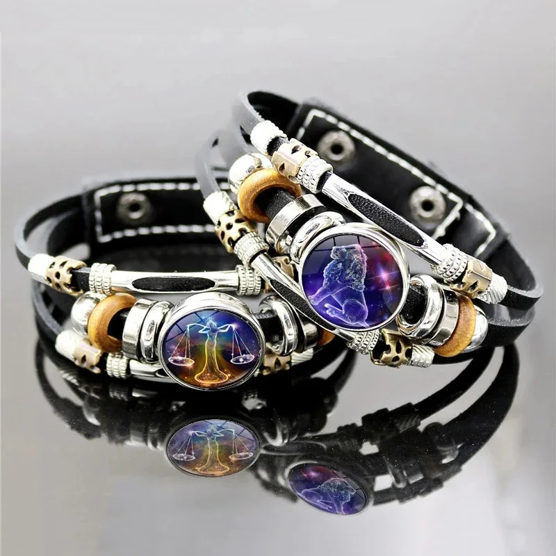 Vintage 12 Zodiac Sign Leather Bracelet Constellation Glass Snap Button Bracelets For Men Women