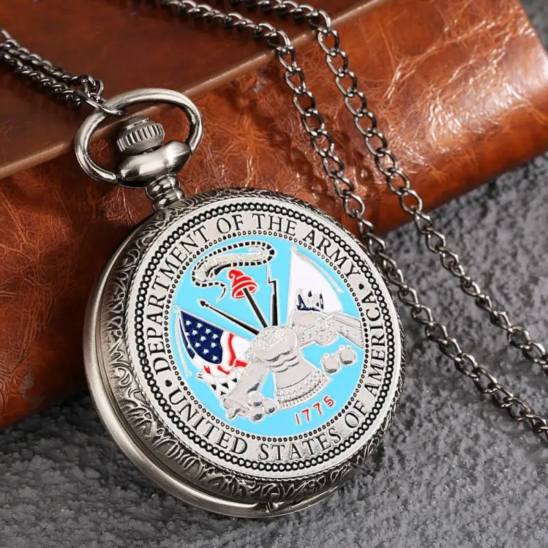 Retro Gray United States of America Department of Army Necklace Quartz Pocket Watch Pendant Chain Souvenir Gifts Unisex 2022