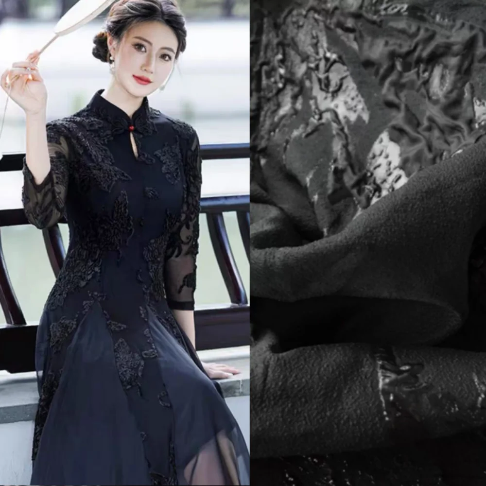 

Black Large Flower Perspective Sparkling Yarn Fabric for Art Design Dress Set Diy Cloth By The Meter Sewing Material