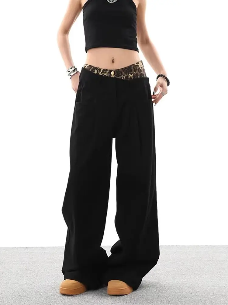 

Women's Leopard Print Patch Black Jeans American Retro Double Waistband Wide Leg Denim Pants Loose Fit Trendy Streetwear Casual