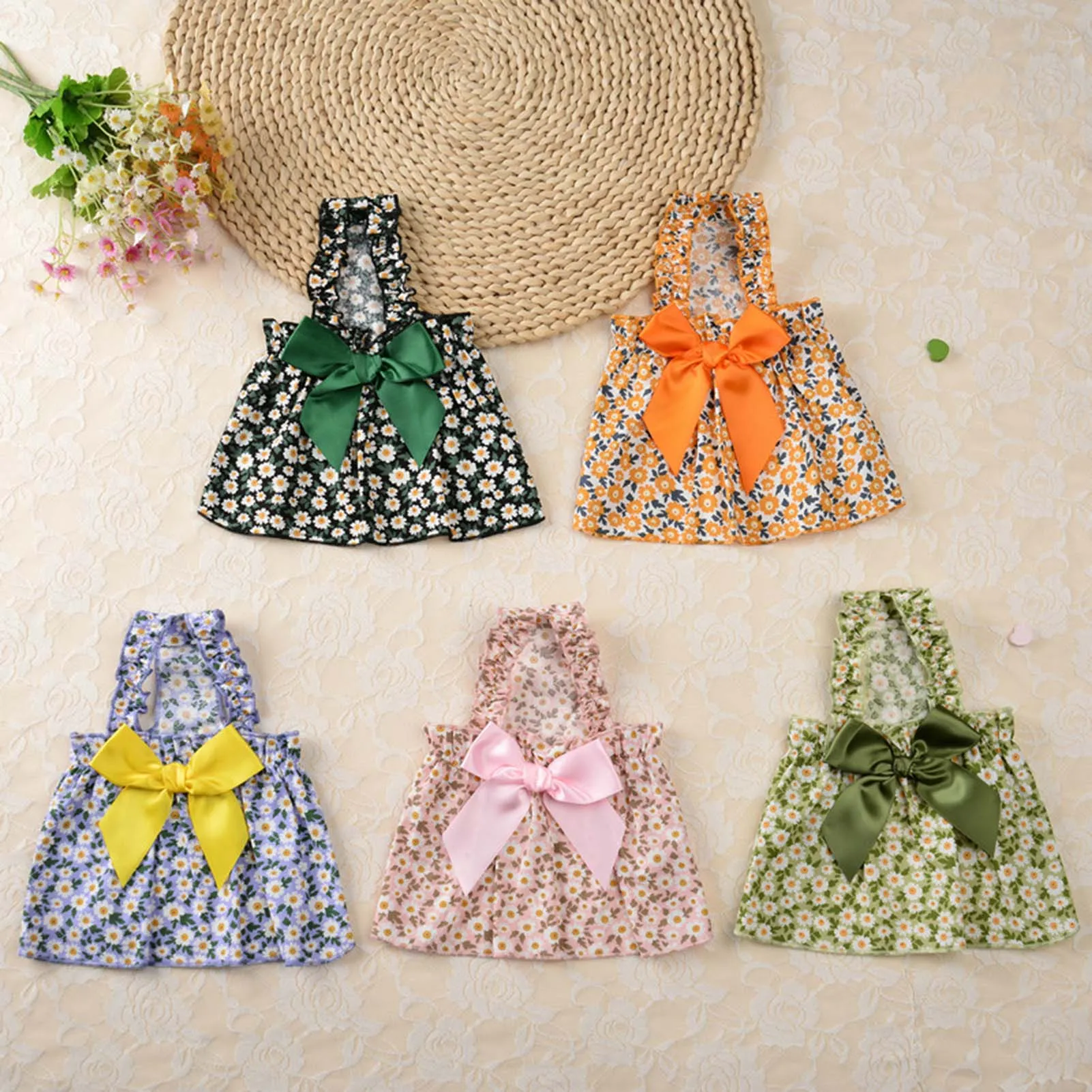 Daisy Dog Dress Puppy Skirt Easy to Wear Bowtie Princess Camisole Dress for Small Dogs and Cats Dress