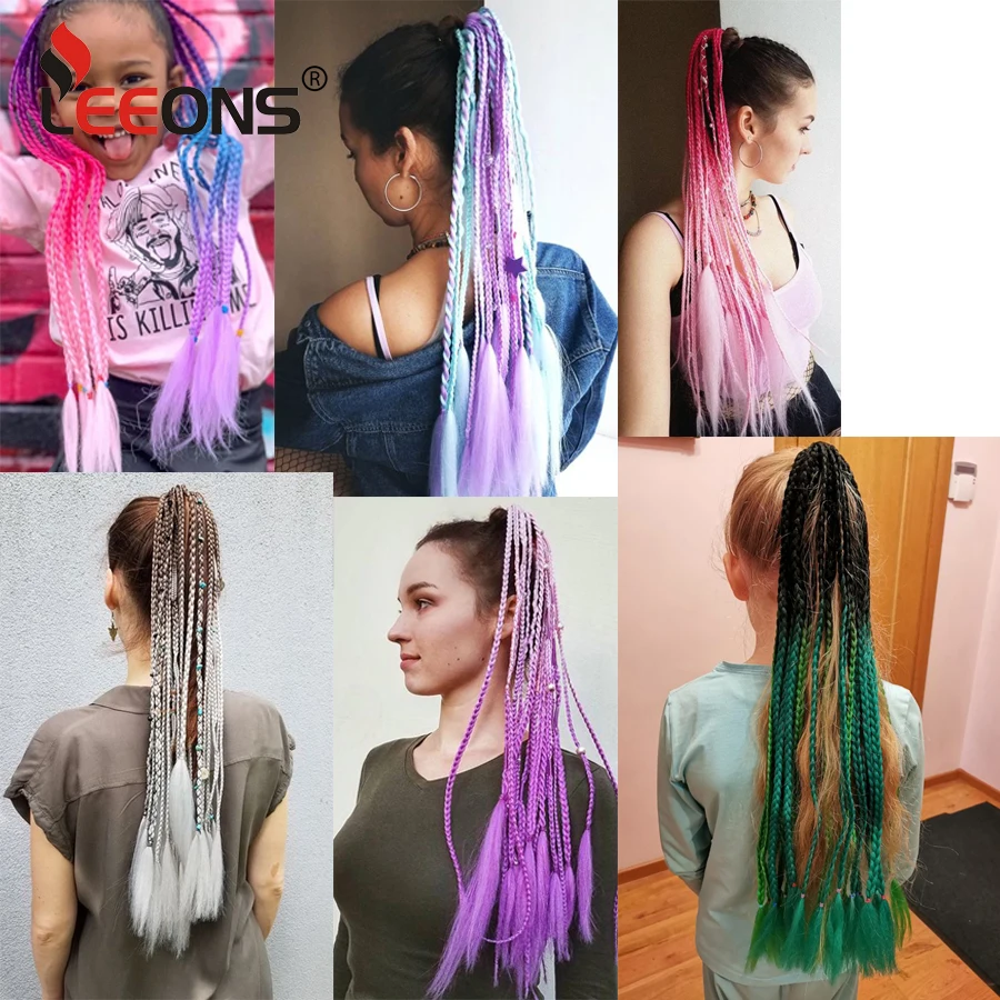 Synthetic 24 Inch Long Colored Box Braids Hair Ponytail With Rubber Bands Rainbow Twist Braided Highlights Ponytail For Women