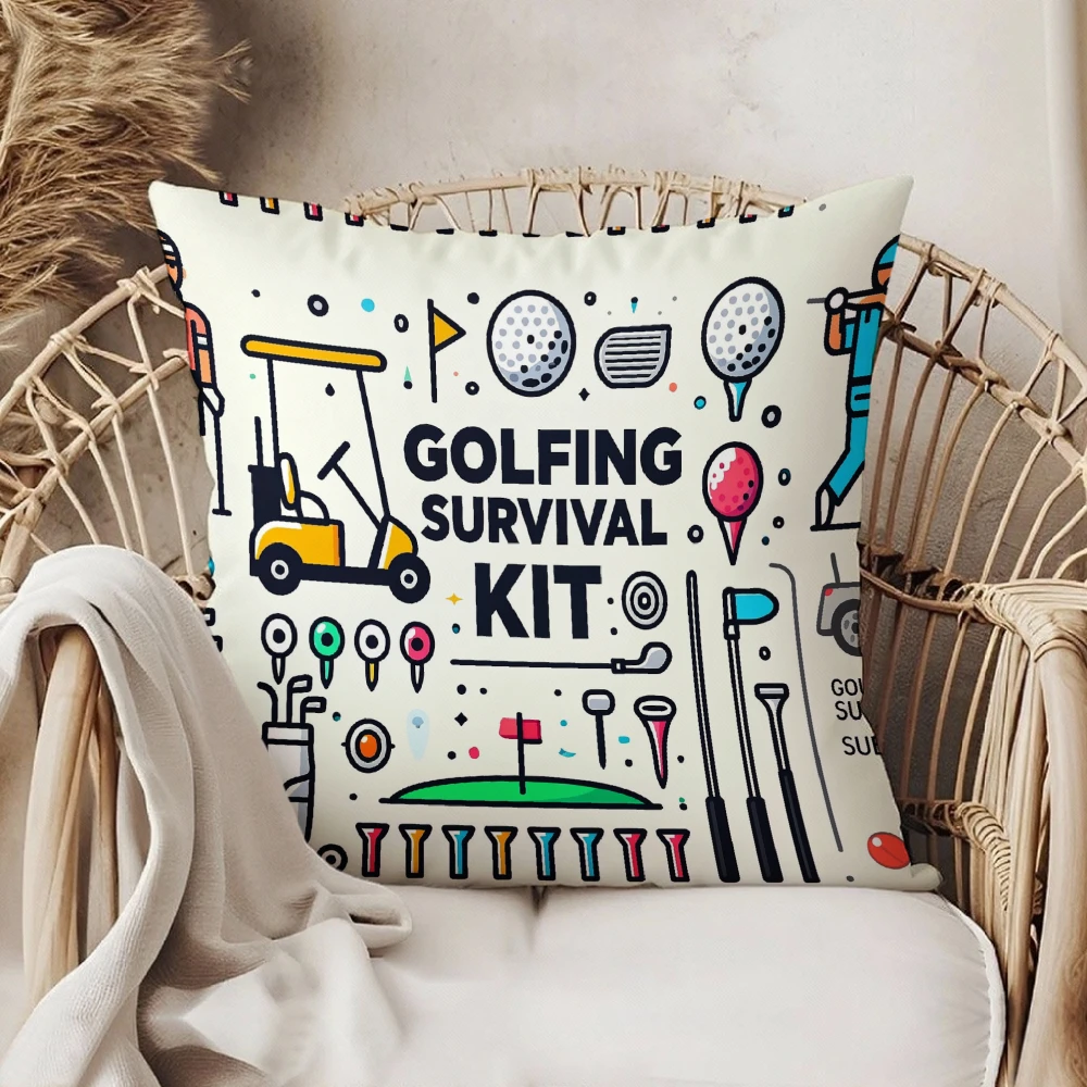 Square Throw Pillow Case White Golfing Survival Kit Print With Golf Cart Clubs And Balls Pattern For Living Room Sofa Bedroom Ho