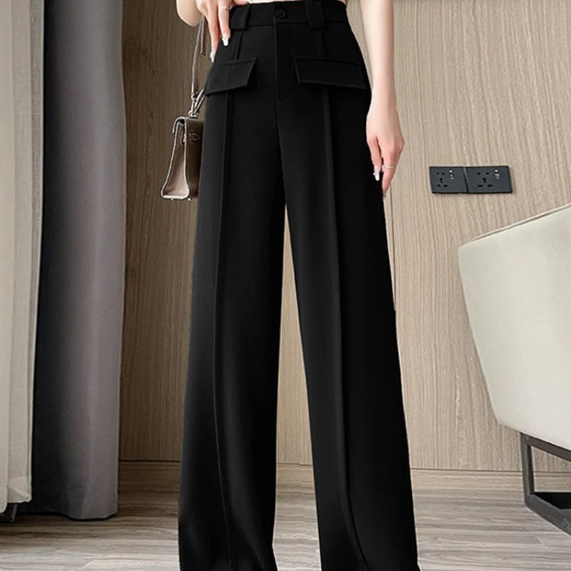 

Свободные повседневные прямые брюки с высокой талией, однотонные, с пуговицами, женские, для офиса, весна-лето 2026, корейский стиль