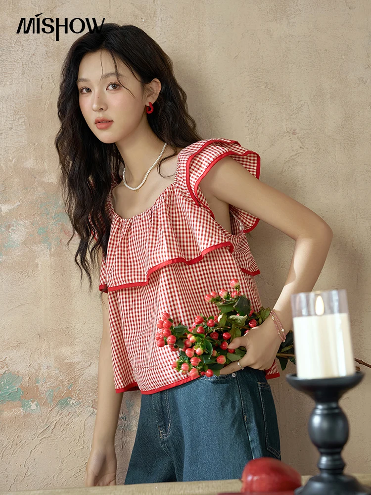 MISHOW Square Neck Plaid Blouses Women 2024 Summer Loose Doll Shirt Flying Sleeve Edge Contrasting Color Short Tops MXD25X1525