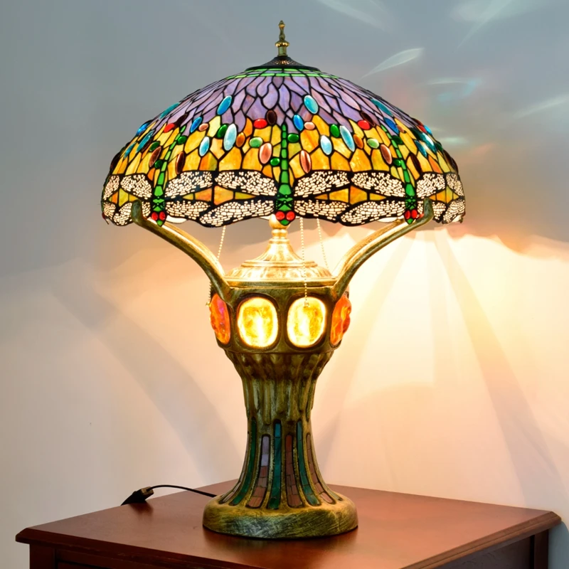 خمر الإبداعية غرفة المعيشة قاعة المعرض العتيقة الجدول مصباح تيفاني الزجاج الملون الأخضر اليعسوب غرفة نوم مصباح طاولة كبير #4