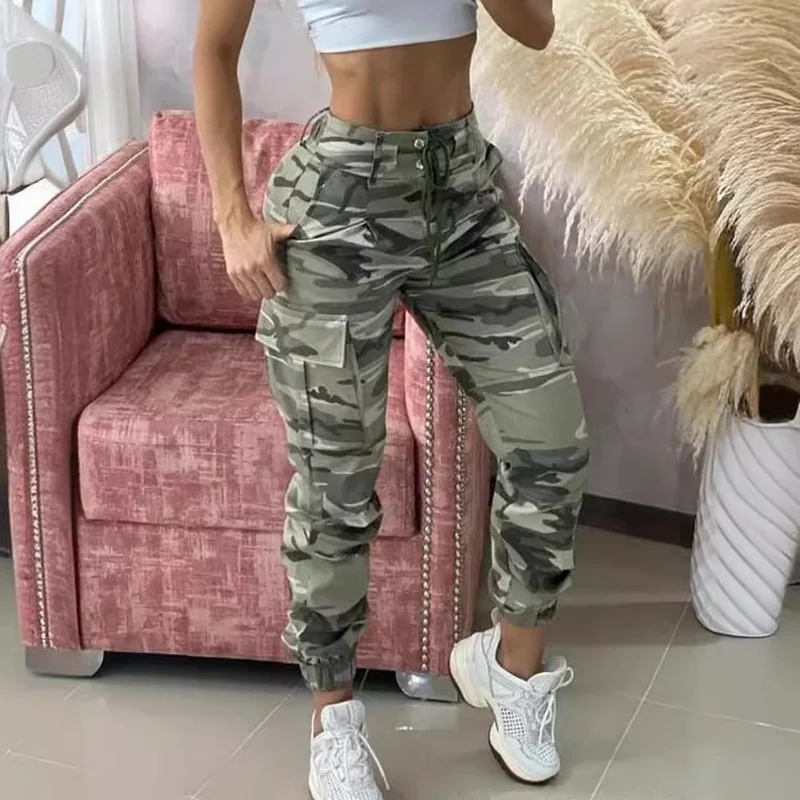 

New Cargo Pants for Women Camouflage Print Drawstring Pocket Design Pant Spring Casual High Waist Daily Cuffed Long Trousers