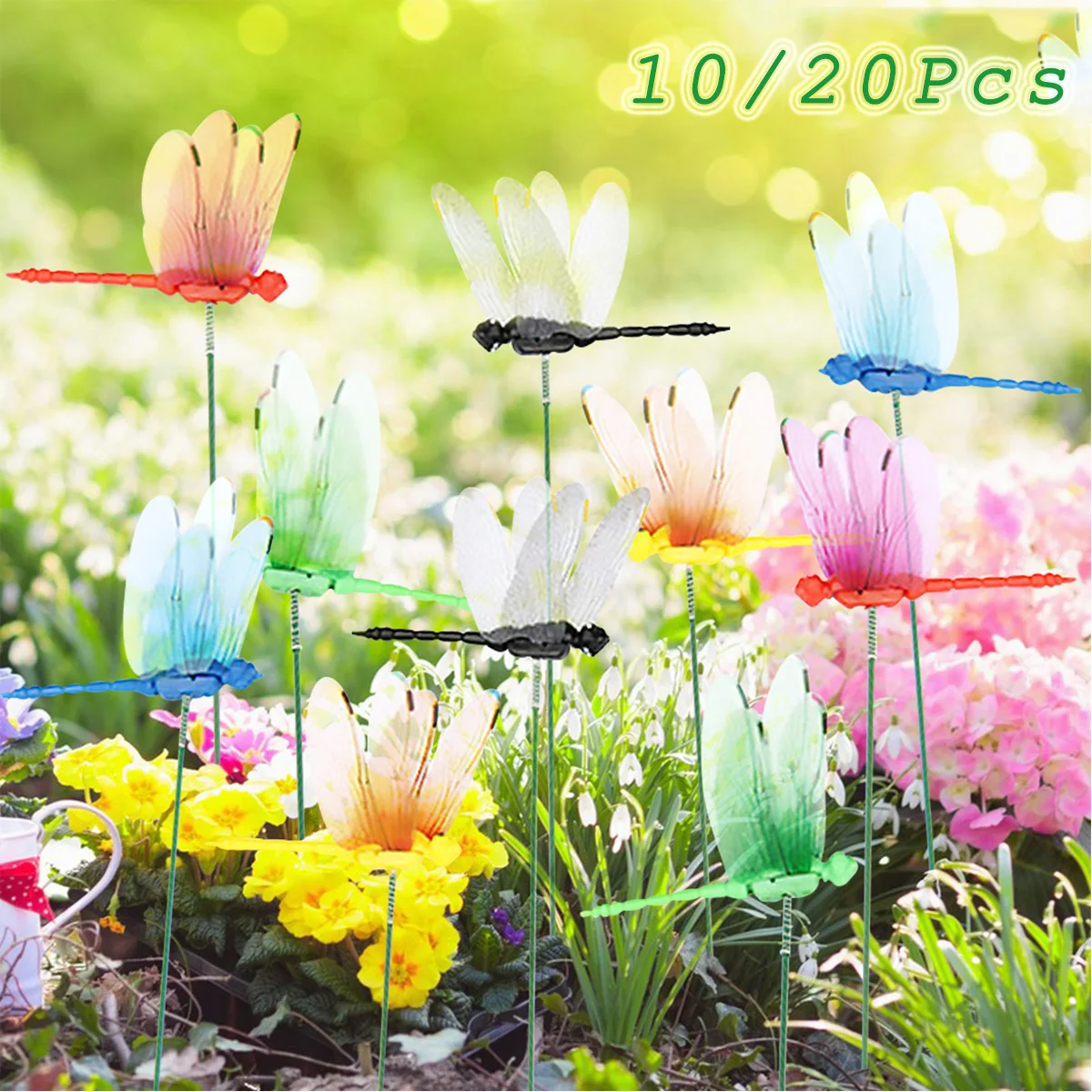 10/20Pcs Artificial Lawn Decor Stick 3D Fake Dragonfly Butterflies Plug-In Flower Plant Pot Stakes Yard Garden Decor