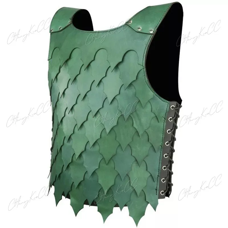 Fantasia Cosplay Medieval Masculina, Couro PU, Colete de Escala, Armadura Larp, Cavaleiro, Guerreiro, Duplo Verde, Jersey, Cuirass, Roupa Cosplay, SCA Mesa, SCA