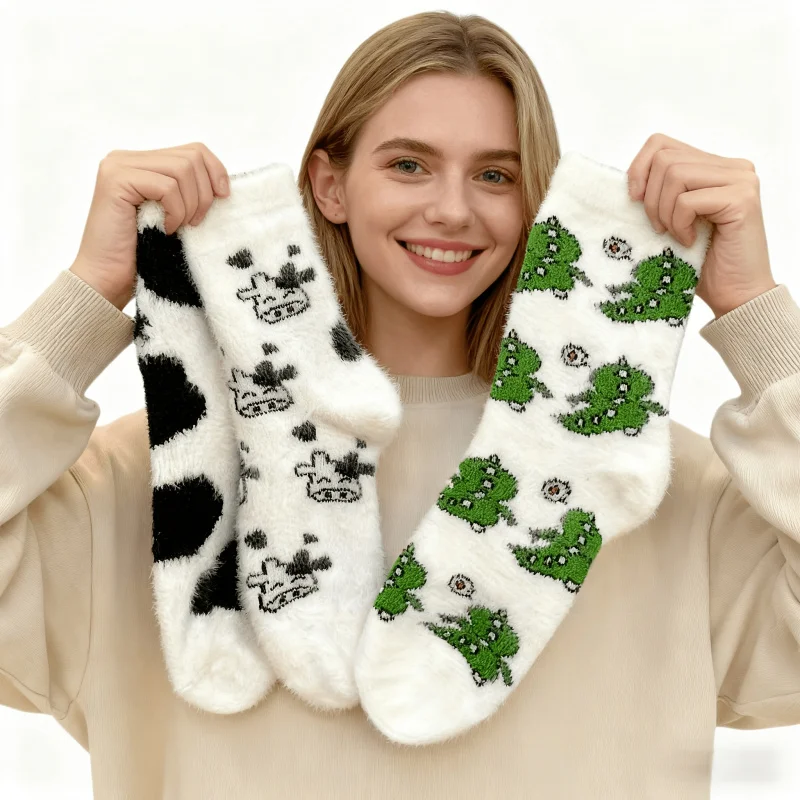 2 Double-layer Non-shedding Warm Fleece Socks, Soft and Fluffy Design, Soft and Cute Cow and Adorable Little Dinosaur Patterns, view 5