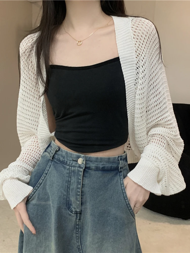 

Thin Ice Silk Sun Protection Knitted Cardigan Women's Spring Summer Large Size Strap Long Sve Openwork Knitted Top for plu...