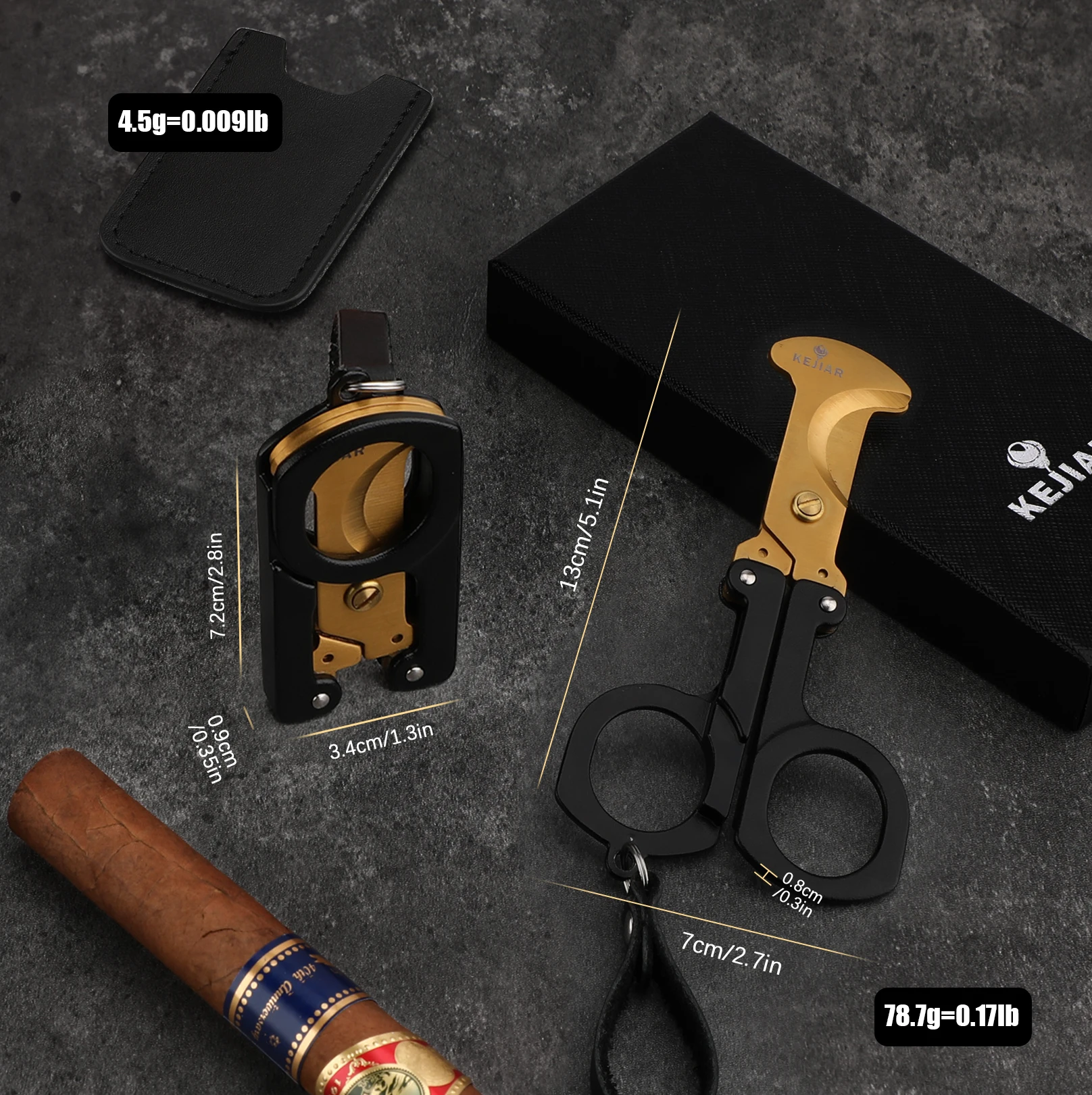 Cigar Cutter Stainless Steel Guillotine Double Cut Blade Cigar Scissors Cutter with Leather Case Key Ring Hand-Held Straight Cut