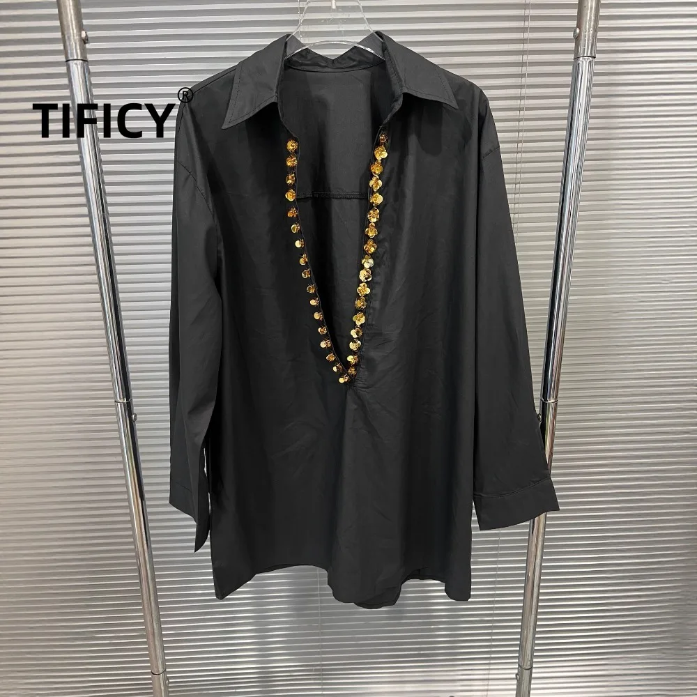 

High Street Deak Black Shrits Autumn New Fashion Style Versatile Slimming Long Sleeved Top Loose Western-style Casual Shirt