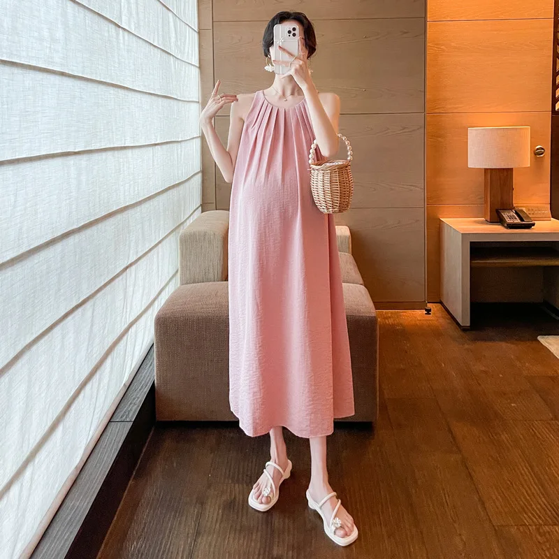 Maternity Wear Summer New Sress Slim Pleated Skirt Korean Version Large Size Temperament Suspender Long Dress Women